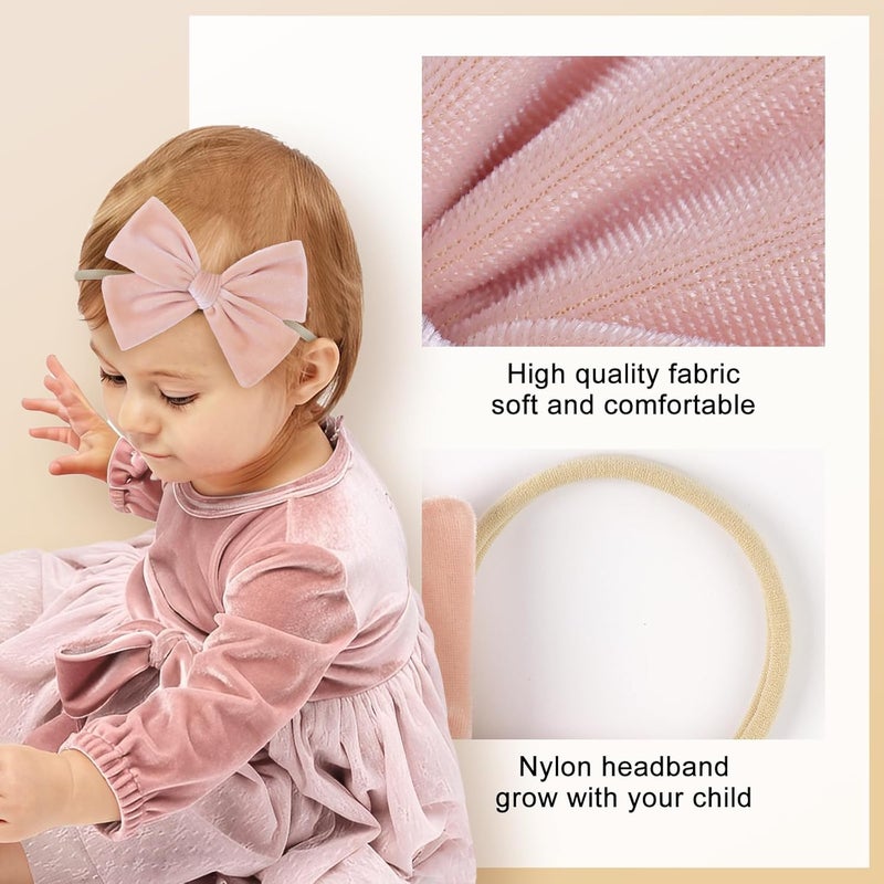 ONENINEDREAM 4'' Baby Velvet Gloss Bows Handmade Headbands Tied Bow Elastic Nylon Hair Accessories for Baby Girls Newborn Infant 3 Pcs Light Blue Aqua Pink - Image 4